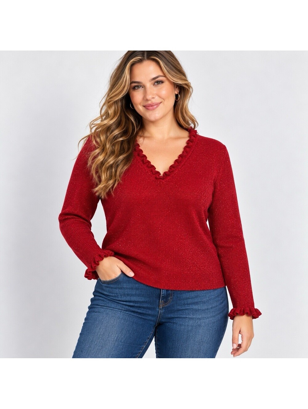 Liz Claiborne LizSport XL Red Metallic Shimmer Sweater Ruffle V Neck Y2K Goth